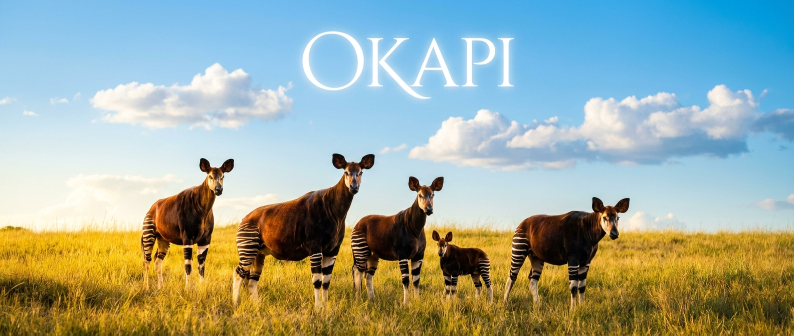 Okapi portrait with rainforest background